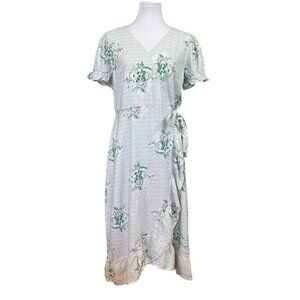 ANN TAYLOR LOFT Outlet Polka Dot Floral Faux Wrap Midi Dress Size 10 Puff Sleeve